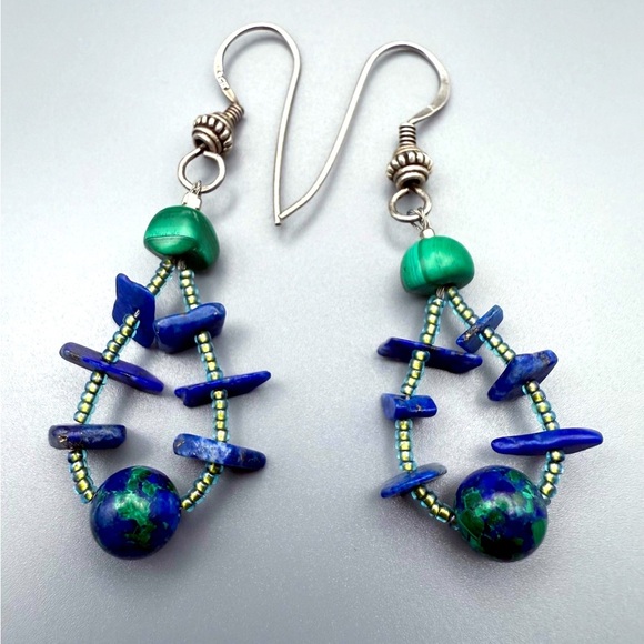 Sterling Silver Malachite Azurite Natural Gemstone Vintage Earrings - Picture 1 of 3